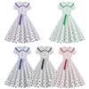 Women Party Dress Vinatge Big Hem Contrast Color Dot Print High Waist with Belt Back Zipper Short Sleeve Doll Collar 50s 60s Prom Wedding Princess