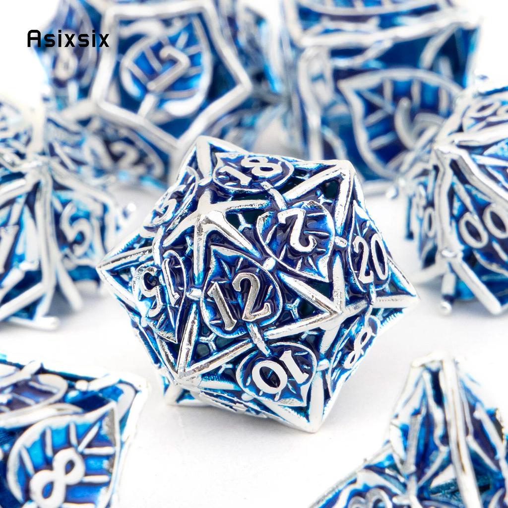 7 Pcs Blue Leaf Flower Metal Dice Hollow Metal Polyhedral Dice Set Suitable for Role-Playing RPG Board Game Card Game
