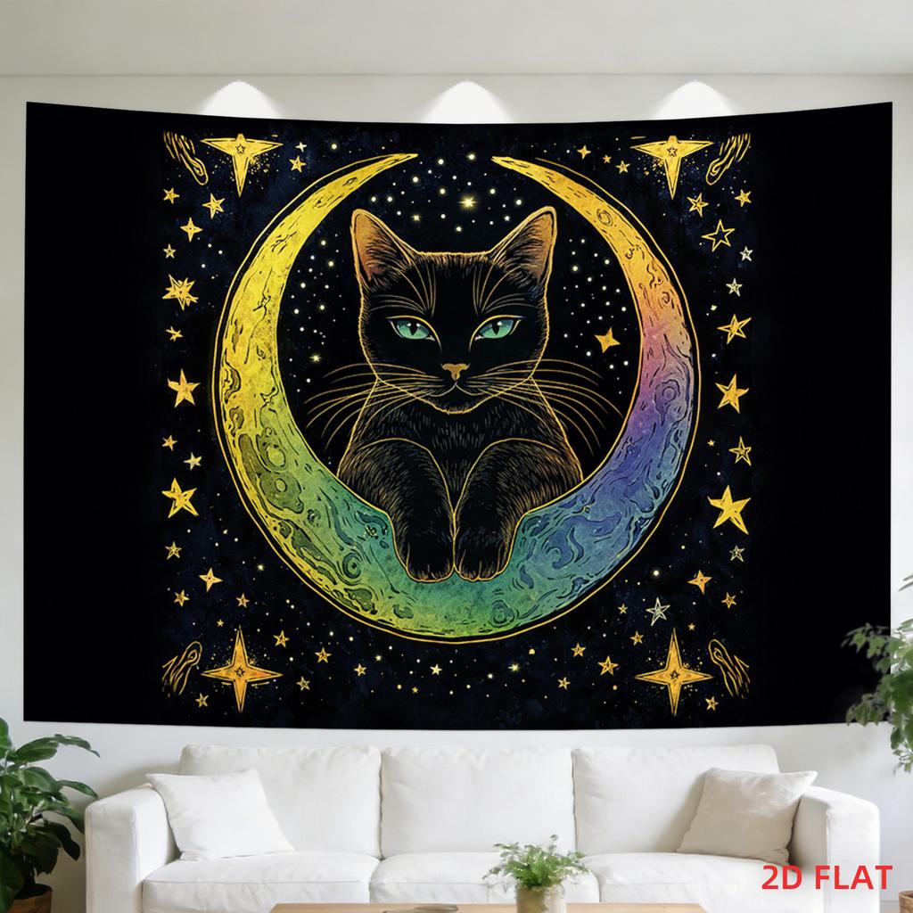 Mysterious Gradient Star Moon Black Cat Tapestry, Black Gold Starry Wall Art for Bedroom Living Room Decor