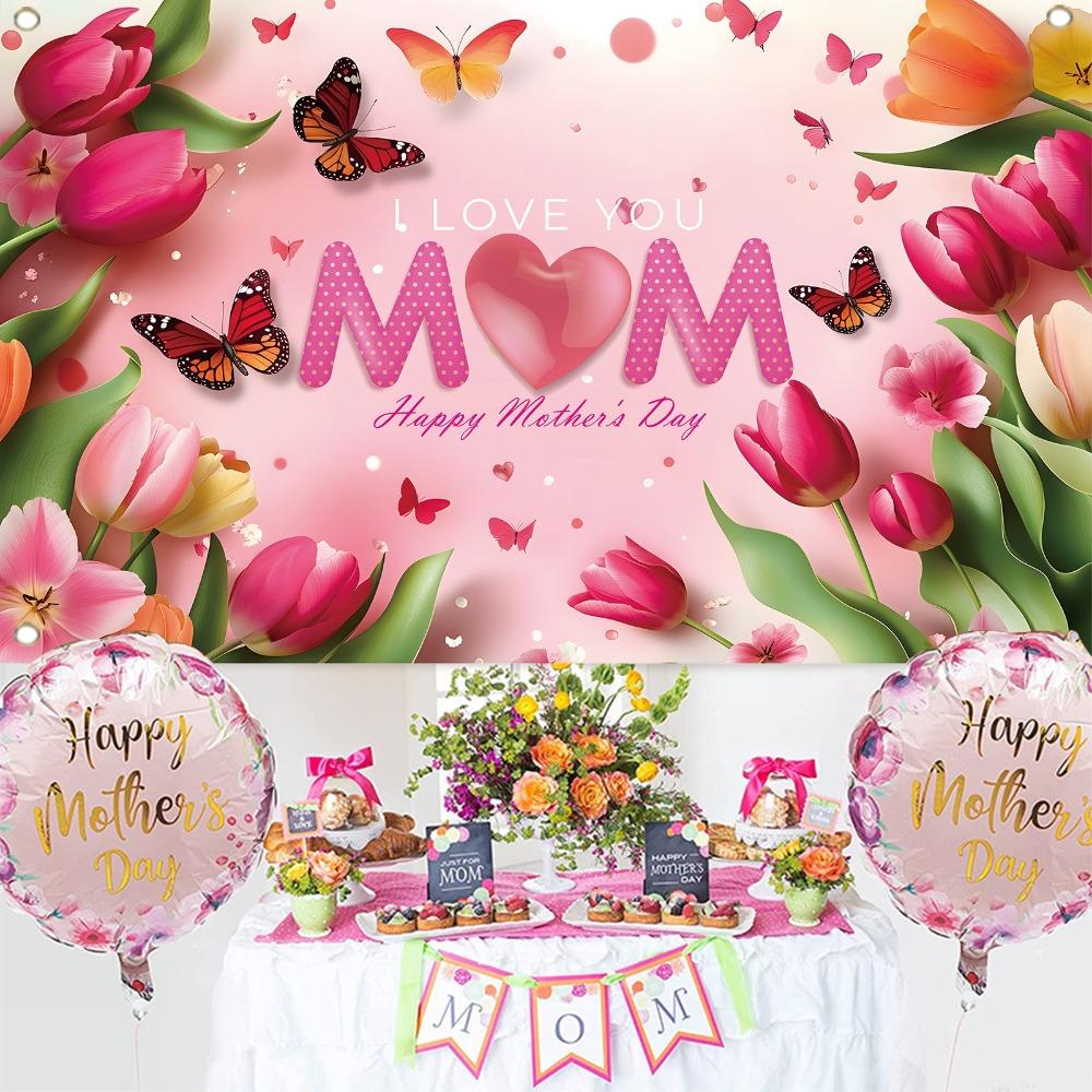 Pink Tulip Flower Background I Love You Best Mom Hanging Banner  Happy Mother’s Day Decor