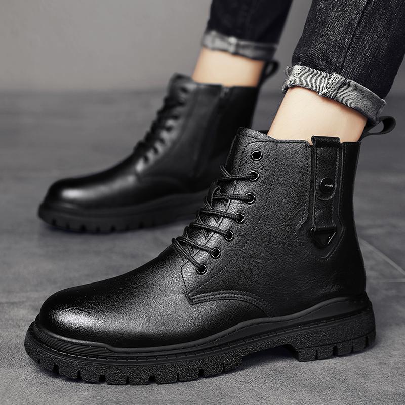 Мужские ботинки из натуральной кожи с круглым носком, зимние дизайнерские повседневные кожаные ботинки в британском стиле, модные высокие ботинки на шнуровке, черные ботинки на платформе