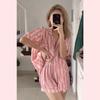 Summer Pink Stripes Women Pajamas Set Soft Button Rayon Pyjamas Sleepwear Nightwear Short Sleeve Shirt&Pant Silk Stain HomeWear