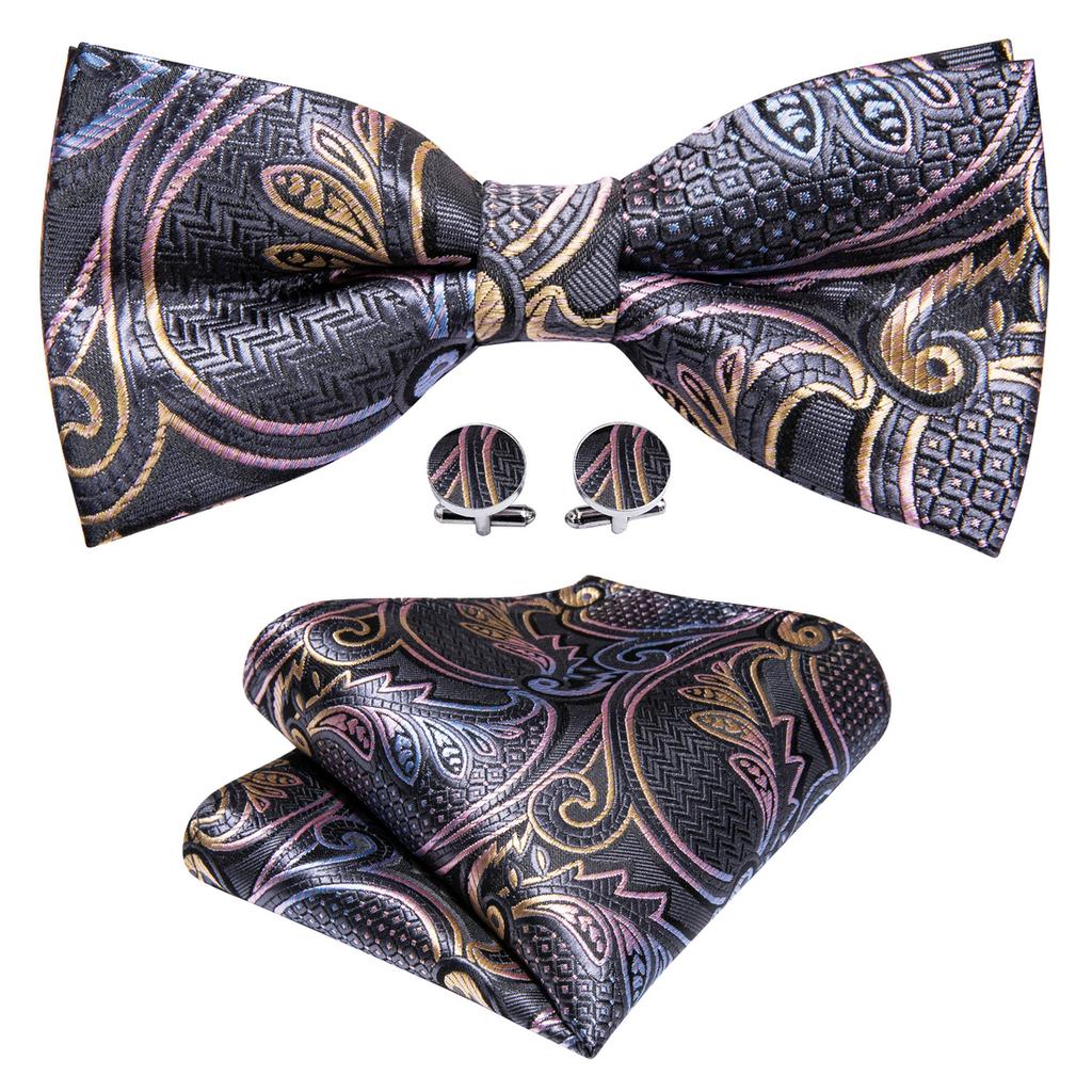 Barry.Wang Men Cravat Ties Jacquare Paisley/Floral/Striped Bow Tie Hanky Cufflinks Set Formal Casual