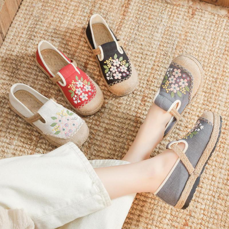 Женская обувь на плоской подошве с вышивкой, повседневная хлопково-льняная лаконичная удобная женская обувь ручной работы с круглым носком и цветочным принтом