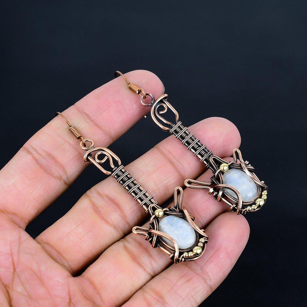 Moonstone Earrings, 999 Copper Wire Wrapped Jewelry, Gift For Women Handmade Earrings Gemstone Jewelry