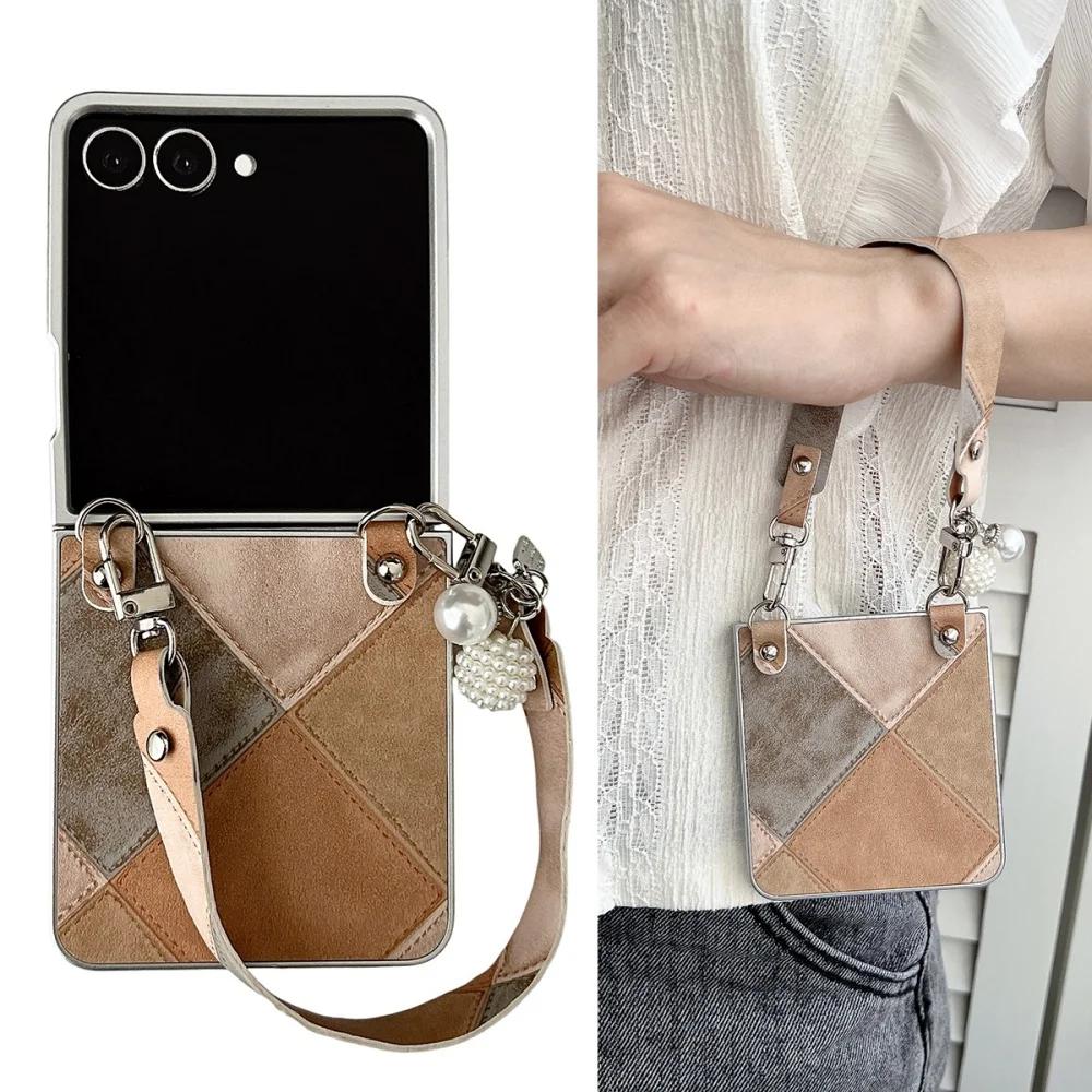 Fusion Business Sle Bla Color Collision Ремешок-браслет Кожаный чехол для телефона для Samsung Galaxy Z Flip 7 6 5 4 3 Защитная крышка