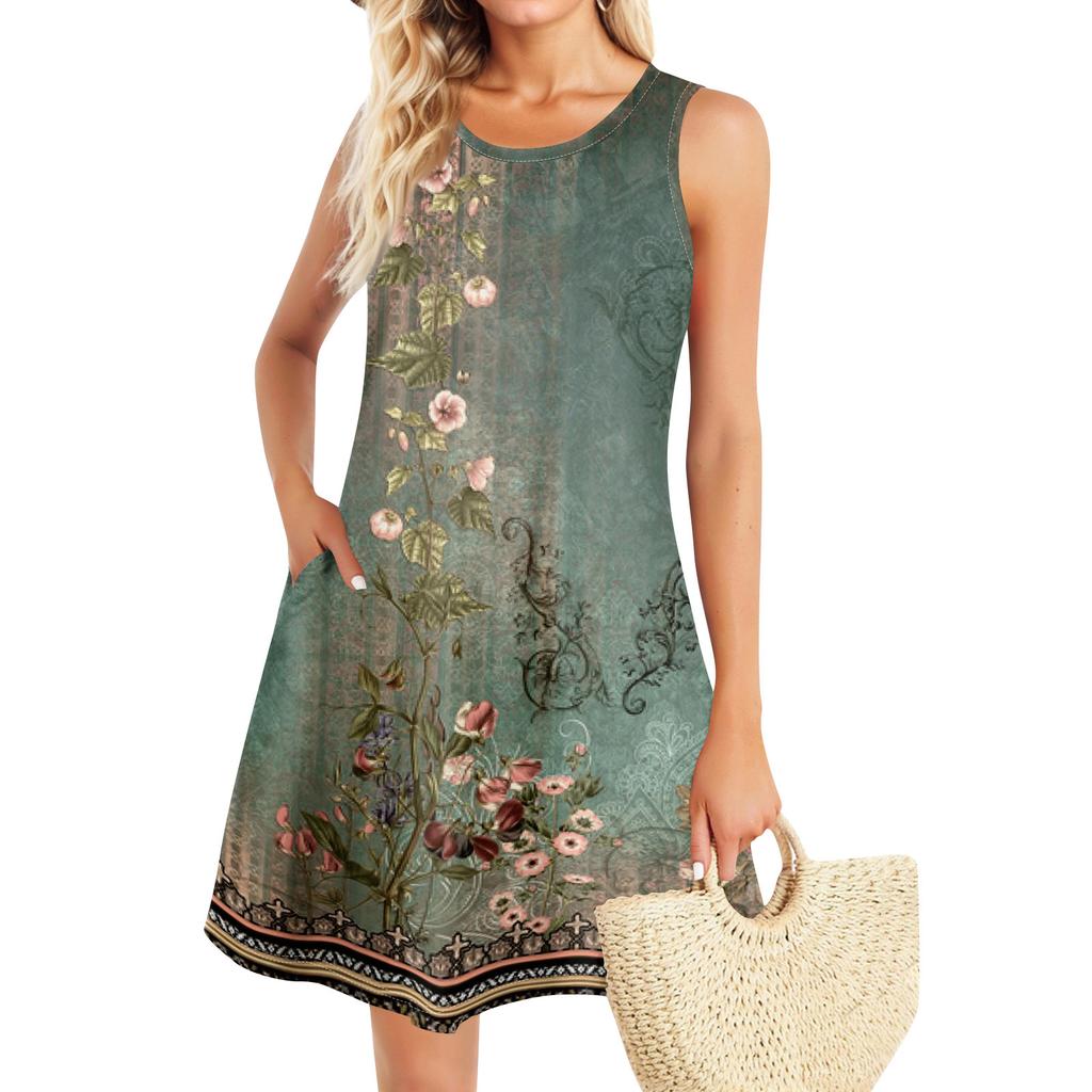 Summer Dresses For Women Beach Boho Sleeveless Vintage Printing Flowy Pocket Tshirt Tank Sundresses