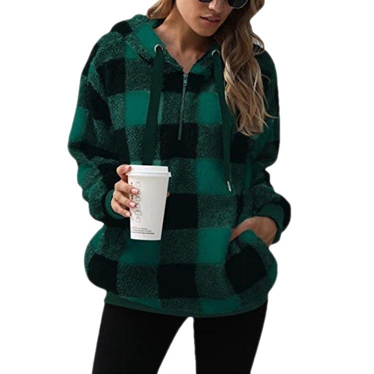 Women's Long Sleeve Stitching Lattices Hooded Sweatshirts Fleece Sweatshirt Warm Hooded Plush Pullover