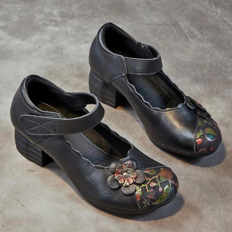 Johnature Женская обувь из натуральной кожи с принтом в этническом стиле, туфли-лодочки в стиле ретро с круглым носком, на толстом каблуке и на мягкой подошве