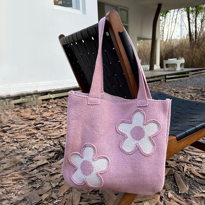 Knitting Woolen Flower Decor Tote Bag Women Crochet Fashion Open Shopper Top-handle Bag Female Daily Large Capacity Handbag