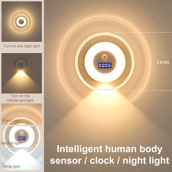 Светодиодный ночник с датчиком движения и цифровыми часами, 3 цветовые температуры, плавная регулировка яркости, ночник с активацией движением