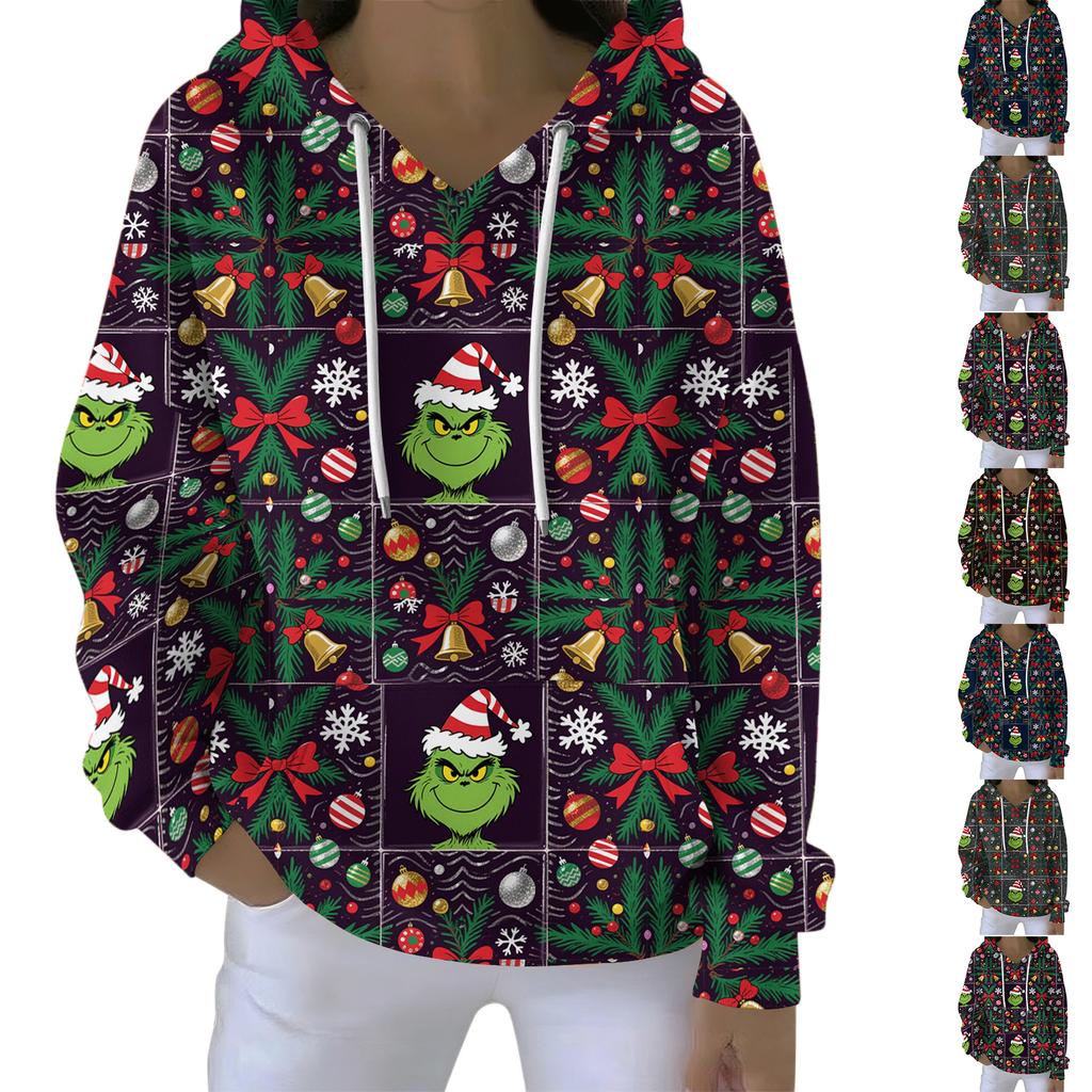 Ladies' Loose And Comfortable Drawstring V-neck Long Sleeved Christmas Printed Sweatshirt