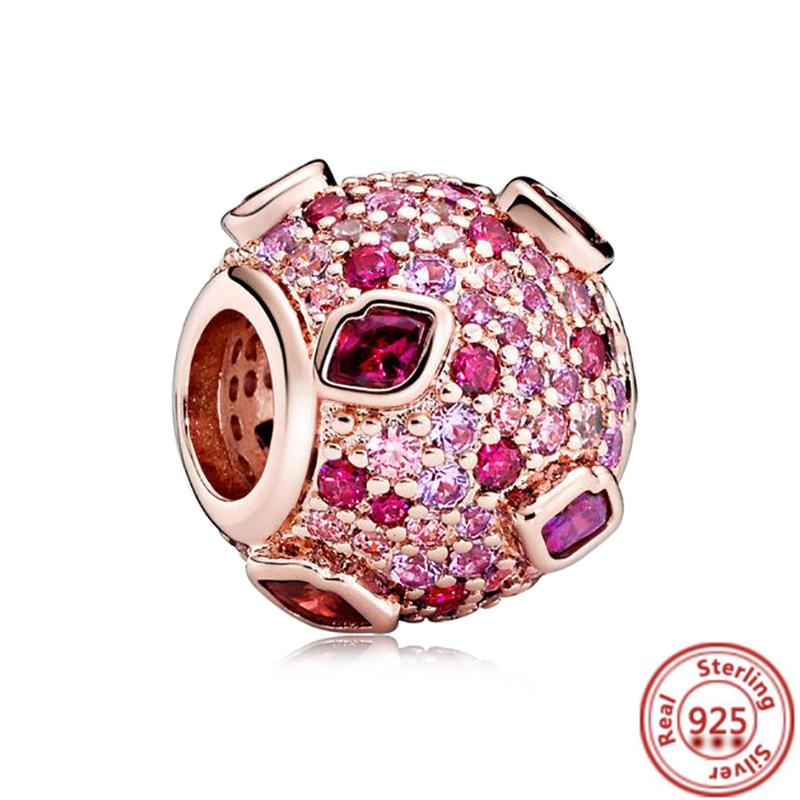 Hot Sale Rose Gold Series Pink Zircon Leaves Heart Pendant Sparkling Clip Bead Fit Charm Bracelet DIY S925 Silver Jewelry