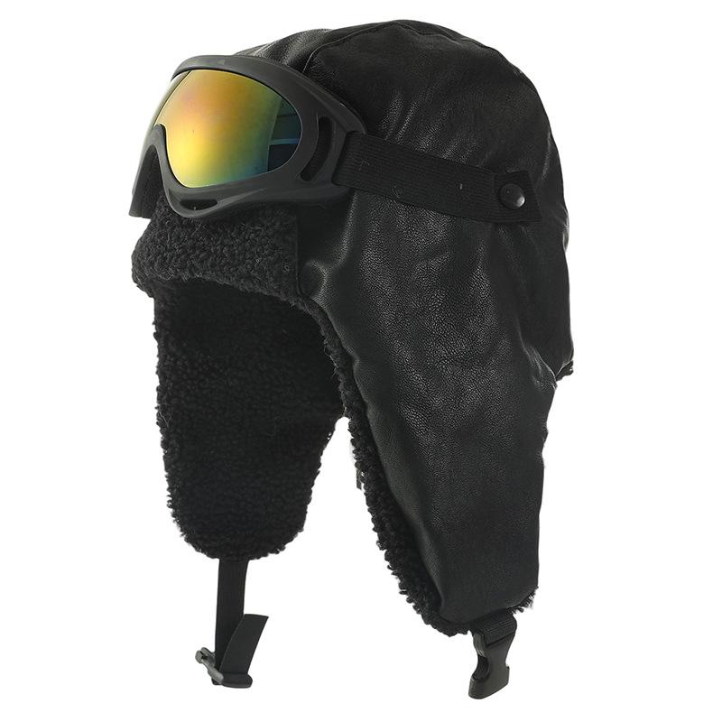 Outdoor Mountaineering and Skiing PU Leather Pilot Hat Removable Goggles Set Winter New Windproof and Warm Hat