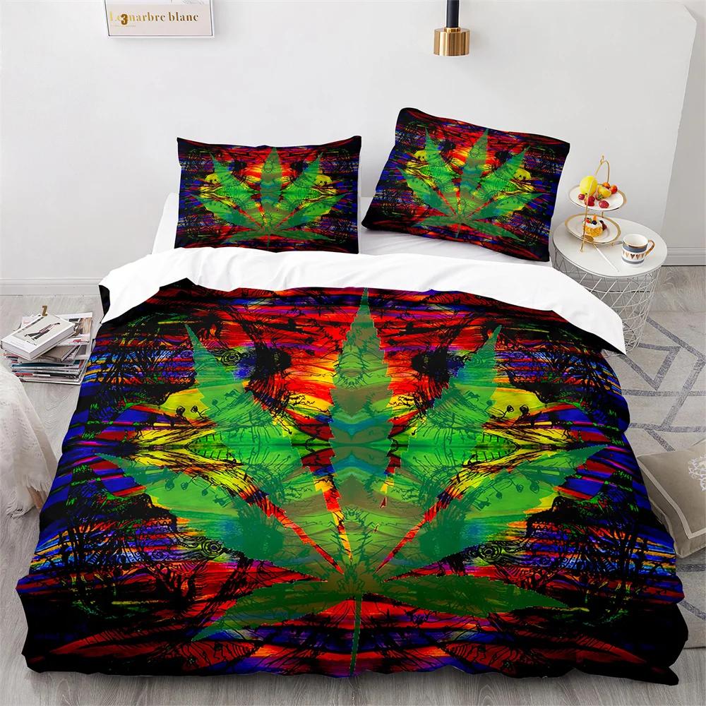 Weed Green Leaf Duvet Cover Watercolor Purple Blue Polyester King Queen Maple Leaf Duvet Cover For Women Men Bedroom Decoration