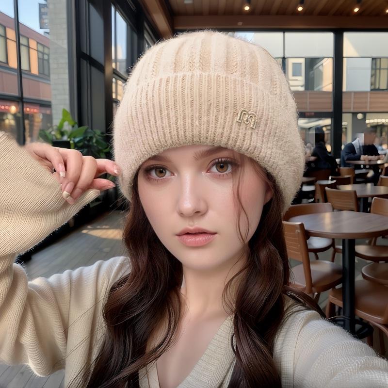 Женская корейская модная вязаная шапка из норки – Универсальный однотонный цвет, Плюс бархат, Утолщенная, Ветрозащитная шерсть