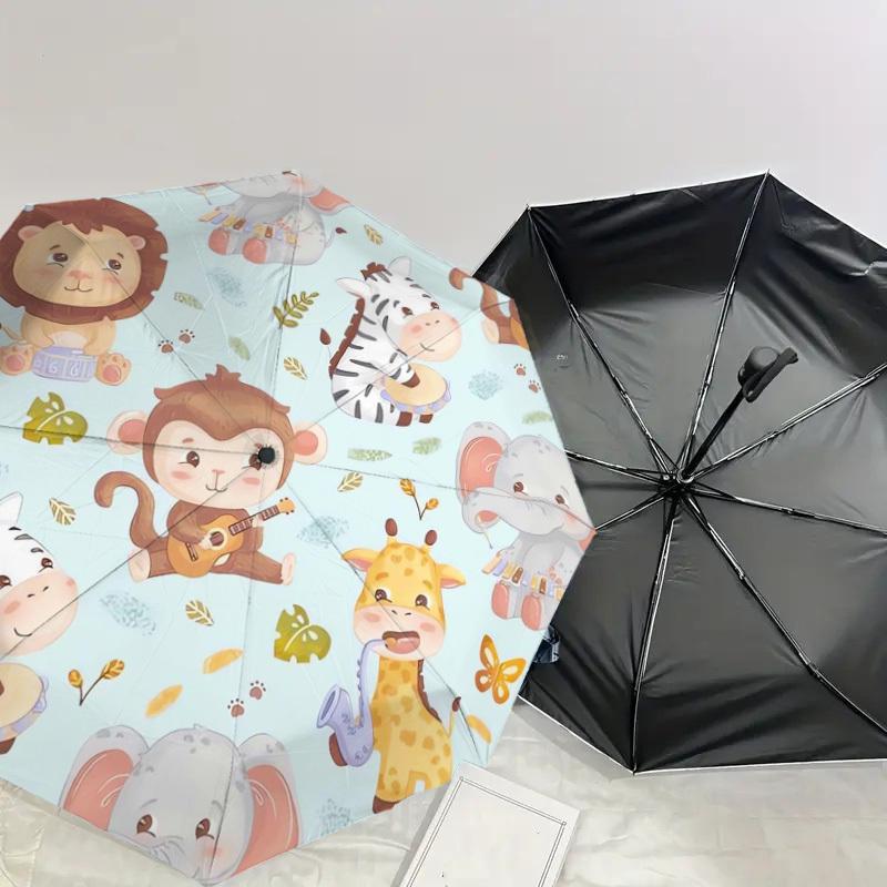 1pc Safari Animals Playing Instruments Umbrella with Plastic Handle,Suitable for All Seasons Home Travel Outdoor UmbrellaDD059