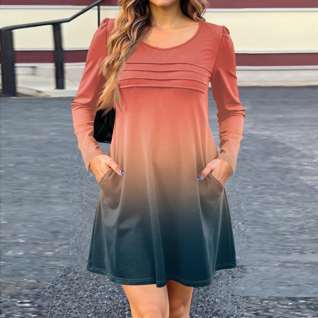 Женское платье с длинным рукавом, осеннее повседневное, футболка, свободного кроя, с плиссировкой спереди, платья с карманами