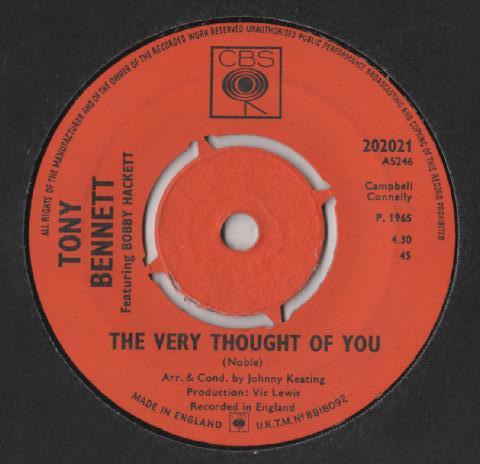7-дюймовая пластинка ТОНИ БЕННЕТТ, БОББИ ХАКЕТТ - The Very Thought Of You / Sleepy Ti 202021 CBS 1965 UK Поп Б/у