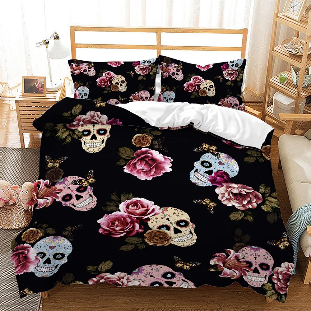 3D Skull Head Pattern Fashion Home Bedding Single Double Bed Full Size Pillowcase and Quilt Cover 2/3 Pieces of Microfiber Home Decoration