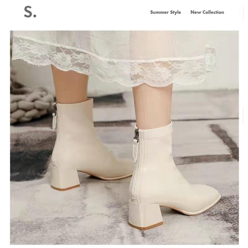 Женские модные ботильоны 2026 года с квадратным носком и квадратным каблуком, на молнии сзади, короткие ботинки, ретро, универсальные, корейский стиль, весенние и осенние ботинки