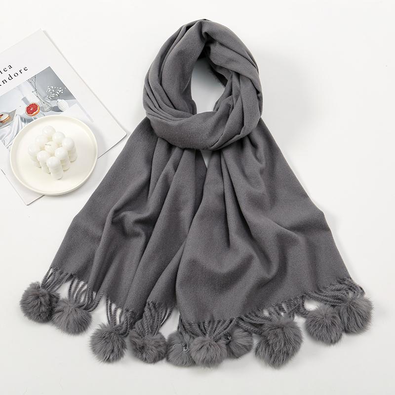 Women Warm Scarf With Rabbit Fur Ball Pashmina Thick Scarves Shawls Winter Cashmere Pompom Scarf Ladies Oversize Blanket Wrap