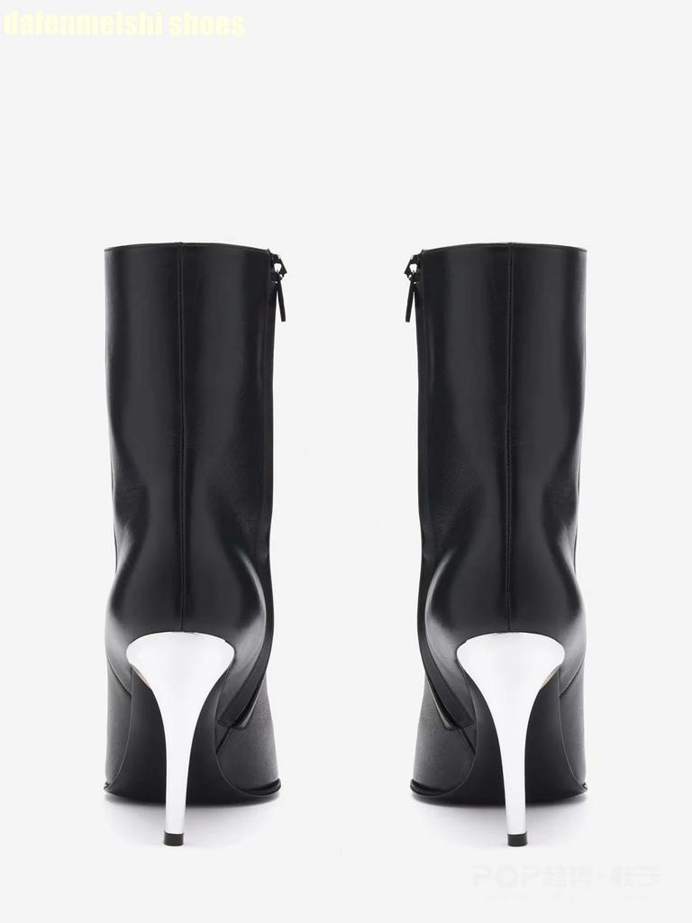 Metal Strange Style Stiletto High Heel Short Boots 2025 New Pointed Toe Mid-Calf Boots Side Zipper Black Women's Boots