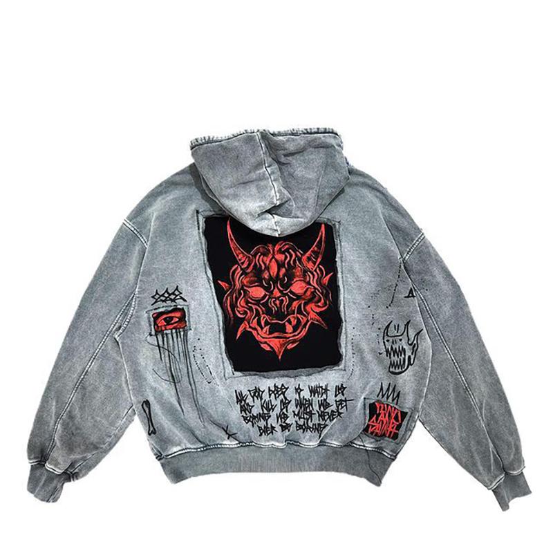 2025 New Fashion American Street Retro Y2K Men and Women with Demon Print Patch Loose Hooded Sweater Coat