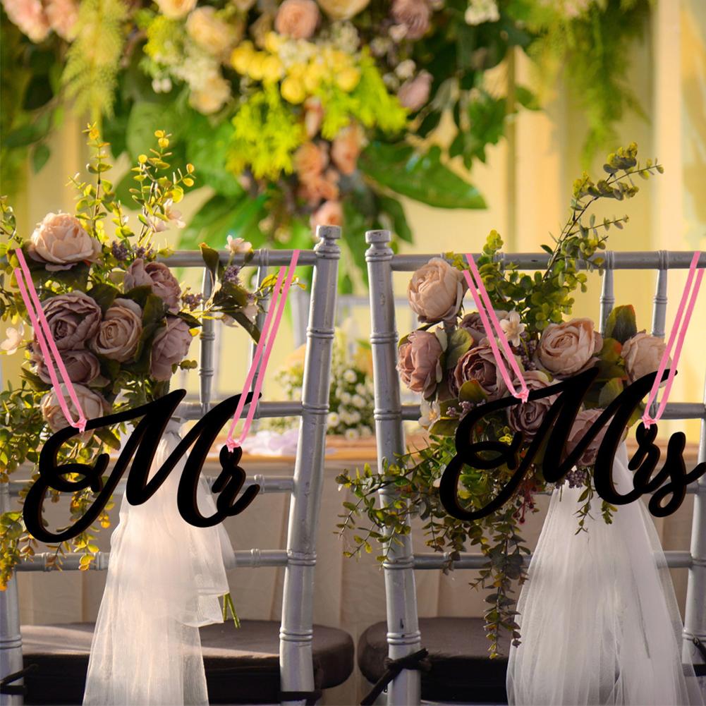 1 Pair Wooden Chair Signs Mr Mrs Chair Back Hanging Pendant With Ribbon Chair Decor For Wedding Decorations