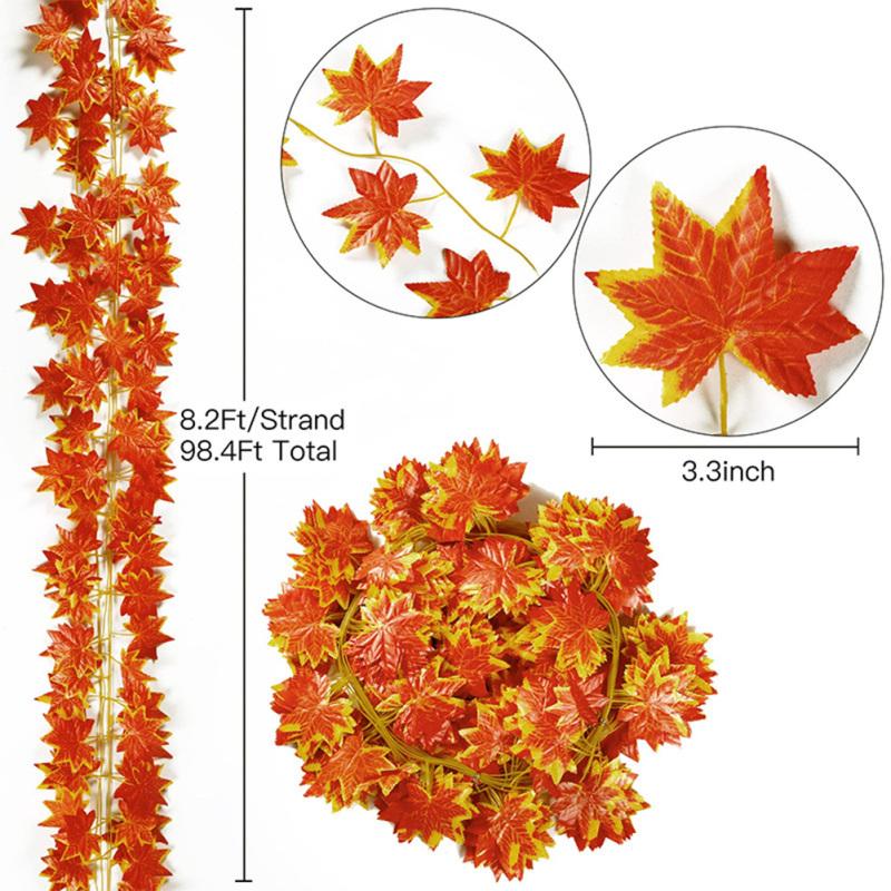 12pcs Artificial Maple Leaf Vines Weatherproof Outdoor Hanging Garland For Autumn Thanksgiving Fall