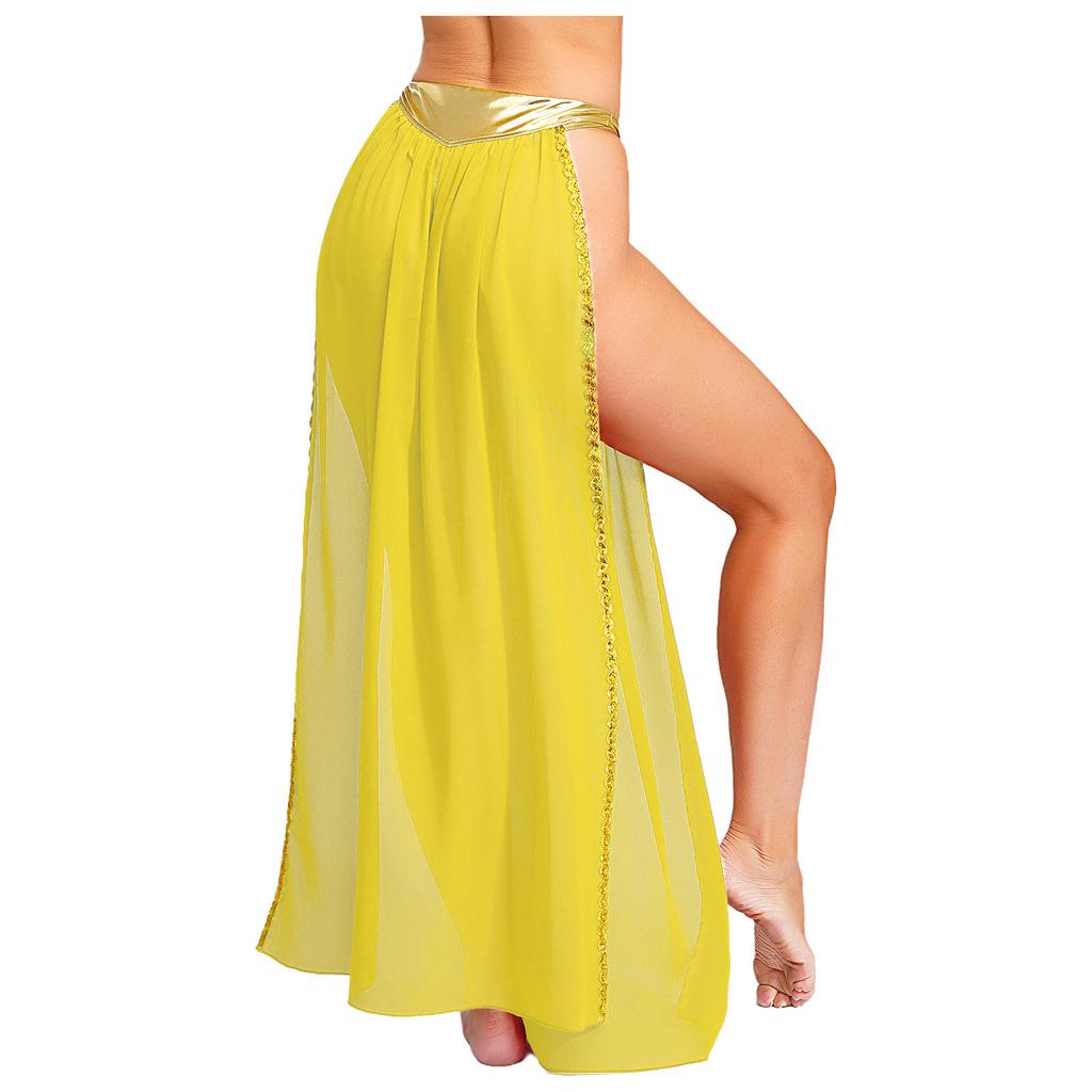 Womens Ancient Queen Costume Briefs Chiffon Skirt Metallic Shiny Side Slit Gold Trims Halloween Outfit