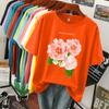 Футболки женские кавайные из хлопка с принтом «Три свежих цветка цветут» Футболки с круглым вырезом Мягкие свободные женские футболки с коротким рукавом