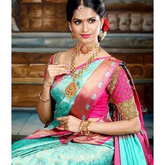 Индийское традиционное мягкое шелковое сари личи с жаккардовым плетением