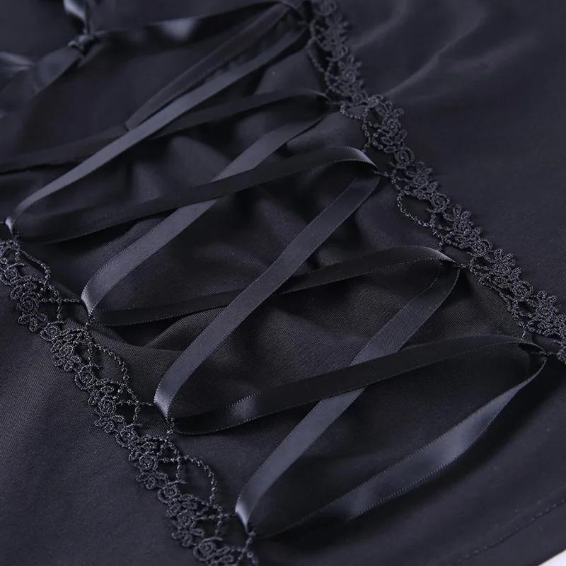 Сексуальные топы, готическая футболка, женская облегающая бандажная кружевная черная футболка, готическая уличная одежда, сексуальный женский топ, повседневная сетчатая футболка