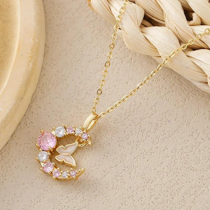 New Korean Fashion Butterfly Moon 2025 Necklace Women's Stainless Steel Cute Collar Chain High End Elegant Zircon Girls Gift