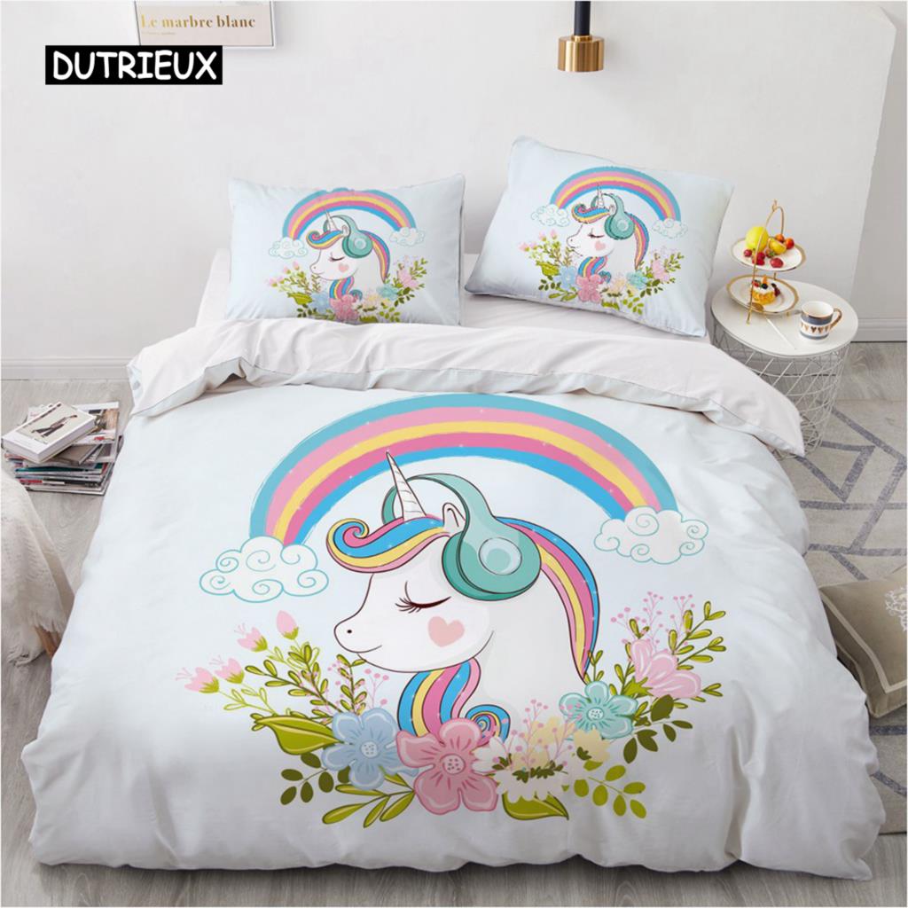 Мультяшный дизайн единорога Комплект пододеяльника Милый чехол для одеяла Постельный комплект Постельное белье Для младенцев Детей Девочек Подарок Украшение спальни
