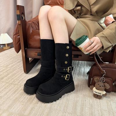 Ретро двухвариантные складные полусапоги на толстой подошве детские 2025 осень новинка пряжка на ремне средняя голень модные короткие сапоги