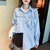 Polo Collar Blue Shirt, Women Design Sense Niche Bow Long Sleeve Shirt, Fashion Ageing Sweet Ladies Shirt
