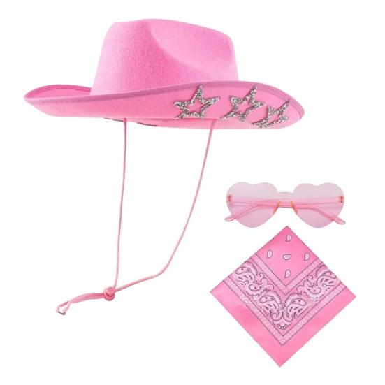 Набор: Шляпа, Шарф, Очки (Розовая серия) Войлочная ковбойская шляпа с отделкой из перьев Розовая бандана Солнцезащитные очки в форме сердца Универсальные аксессуары в западном стиле