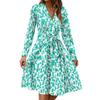 Women's Fashion Casual V-Neck Long Sleeve Waist Floral Print Midi Dress