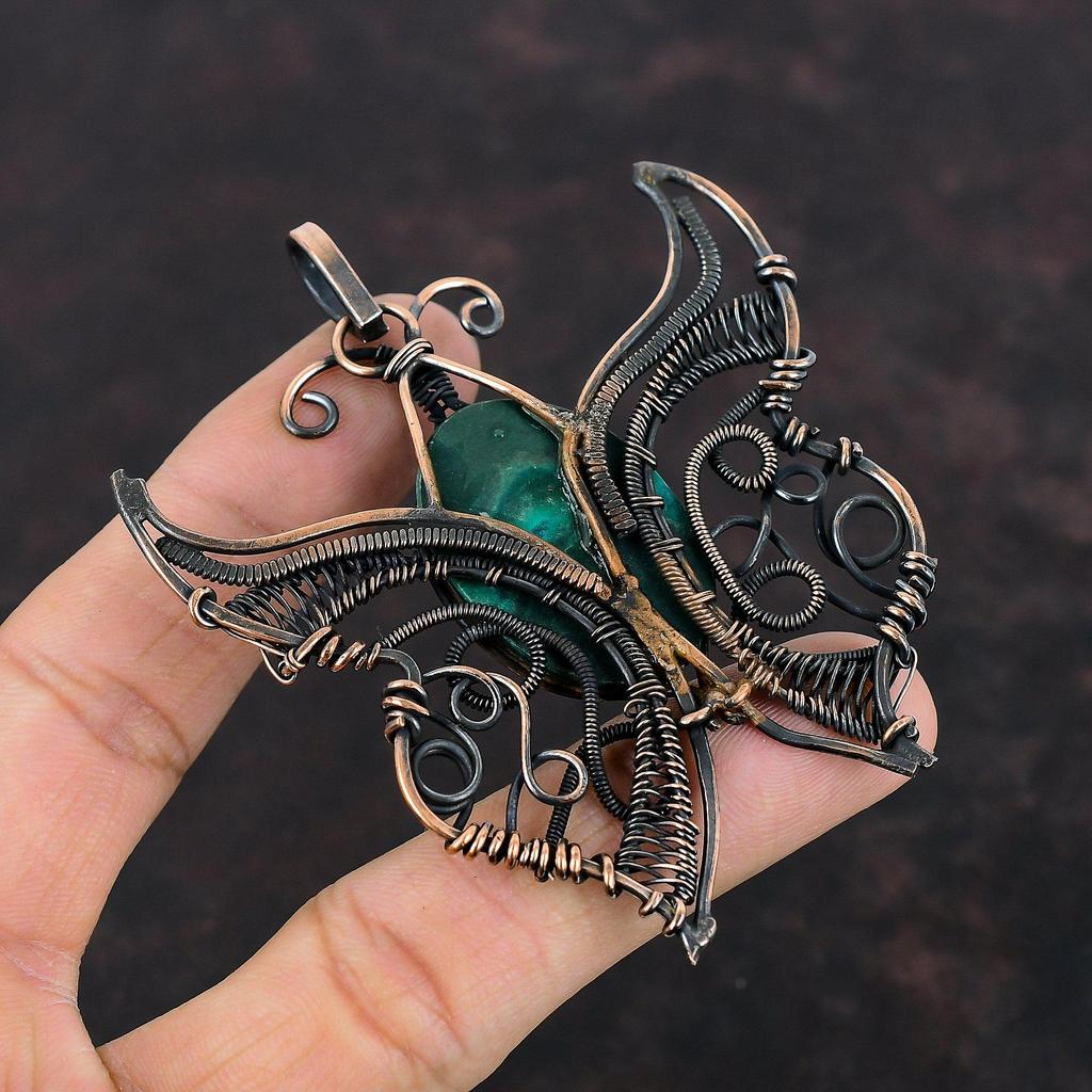 Malachite Copper Pendant Copper Wire Wrapped Jewelry Natural Gemstone Pendant Handmade Wire Wrap Pendant Butterfly Jewelry Anniversary Gifts