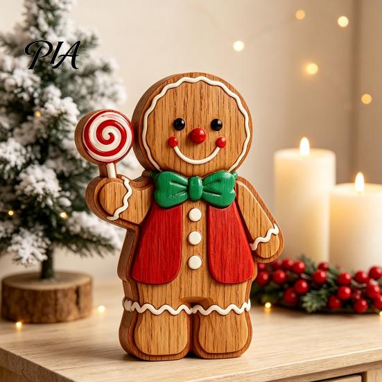 Seasonal Decorative Figures Christmas Gingerbread Man Ornament, Hand Painted Vintage Wooden Tabletop Atmosphere Decorations Figurine, Rustic