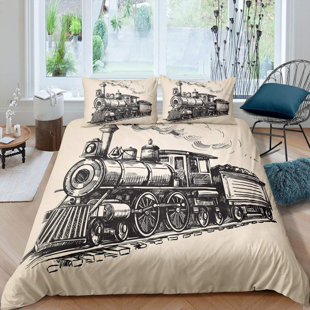 Красно-серый паровой двигатель пододеяльник локомотив красно-черный поезд на стальных железнодорожных путях путешествие приключения графическое украшение спальни
