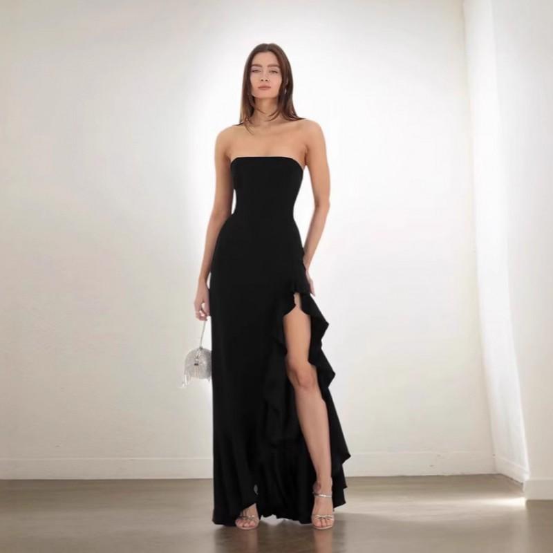 Strapless Evening Dress With Ruffle Side Slit Solid Color Slim Fit Long Gown Women