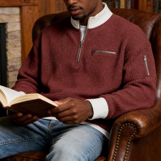 Мужская вафельная толстовка на молнии до четверти с воротником-стойкой, повседневный пуловер, блок цветов, топ с длинным рукавом для офиса, улицы, спортзала