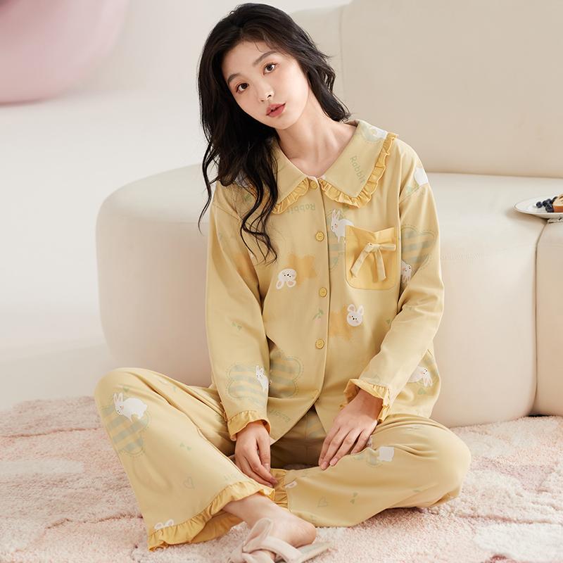 Женский хлопковый пижамный комплект осень-зима с отложным воротником, симпатичная пижама в стиле принцессы, женская домашняя одежда с длинным рукавом