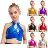 Girls Latin Dance Crop Top Cross Keyhole Design Sparkly Sequins Metallic Dancewear for Ballroom Jazz Performances