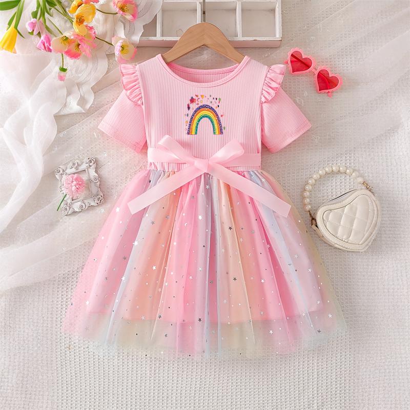 Girls Star Tulle Dress,Sparkling Rainbow and Love Print, Cute Princess Party Dress with Bow, Short Sleeve Summer Dress for Little Girls