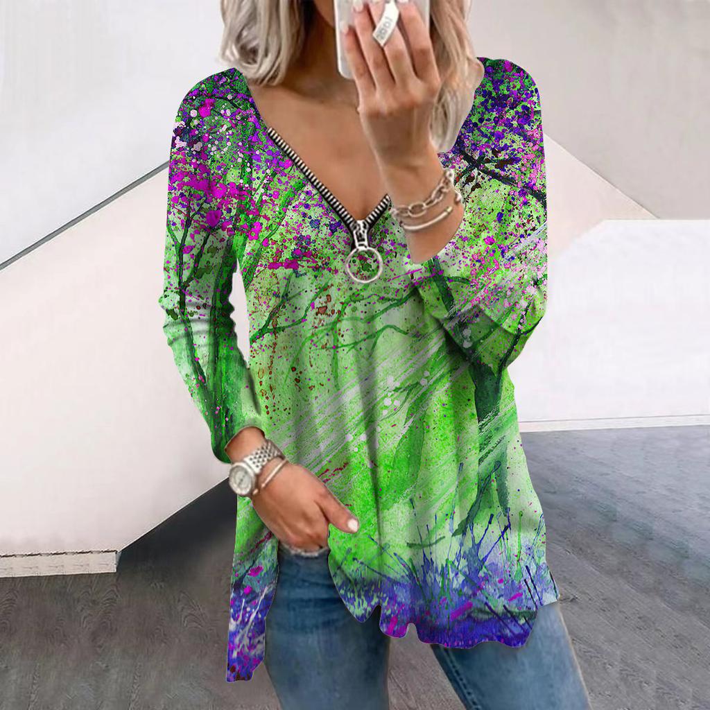 Женские футболки с длинным рукавом и принтом «Осенний красочный лес», свободные футболки больших размеров с V-образным вырезом, удобные блузки