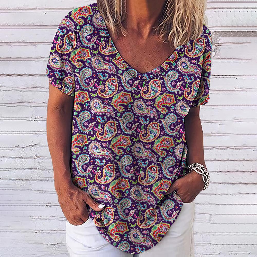 Винтажный принт топ женский с короткими рукавами уличная летняя футболка женская мода повседневная футболка с V-образным вырезом Y2k свободная женская одежда